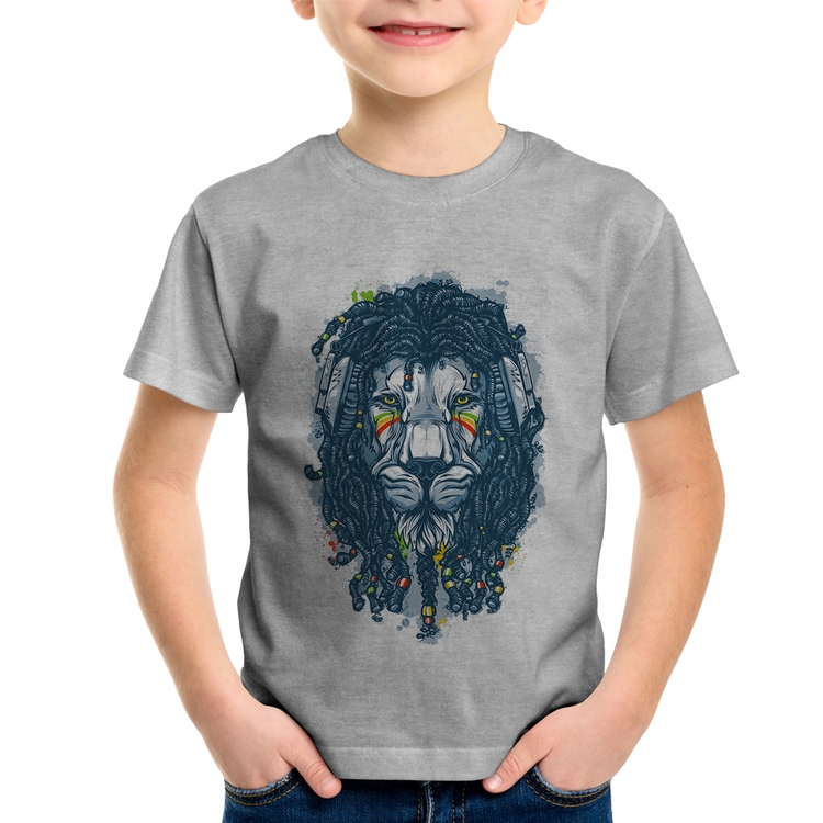 Camiseta Infantil Leão Reggae - Cinza