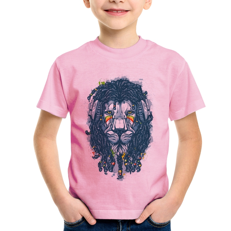 Camiseta Infantil Leão Reggae - Rosa Bebê