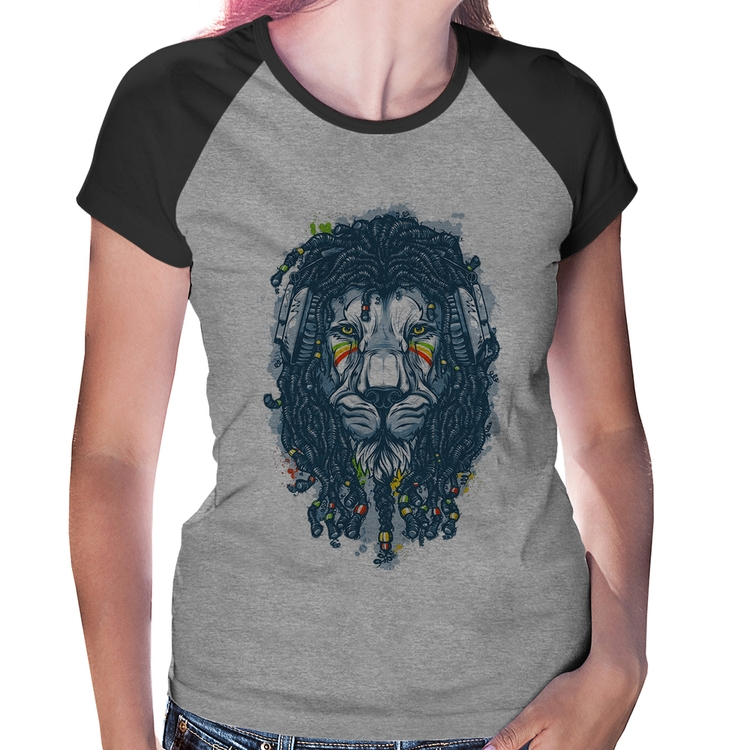 Baby Look Raglan Leão Reggae - Cinza/Preto