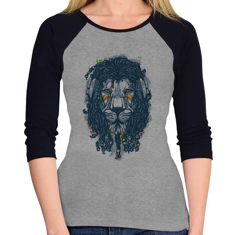 Baby Look Raglan Leão Reggae Manga 3/4 - Cinza/Preto