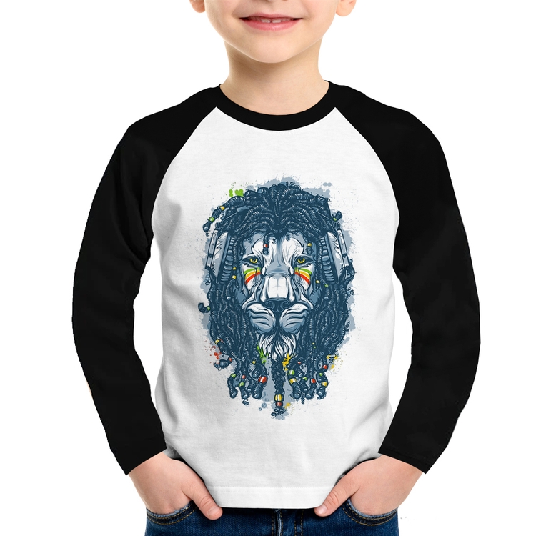 Camiseta Raglan Infantil Leão Reggae Manga Longa