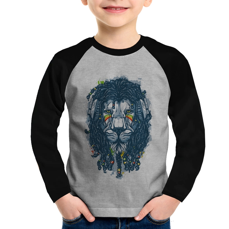 Camiseta Raglan Infantil Leão Reggae Manga Longa - Cinza/Preto