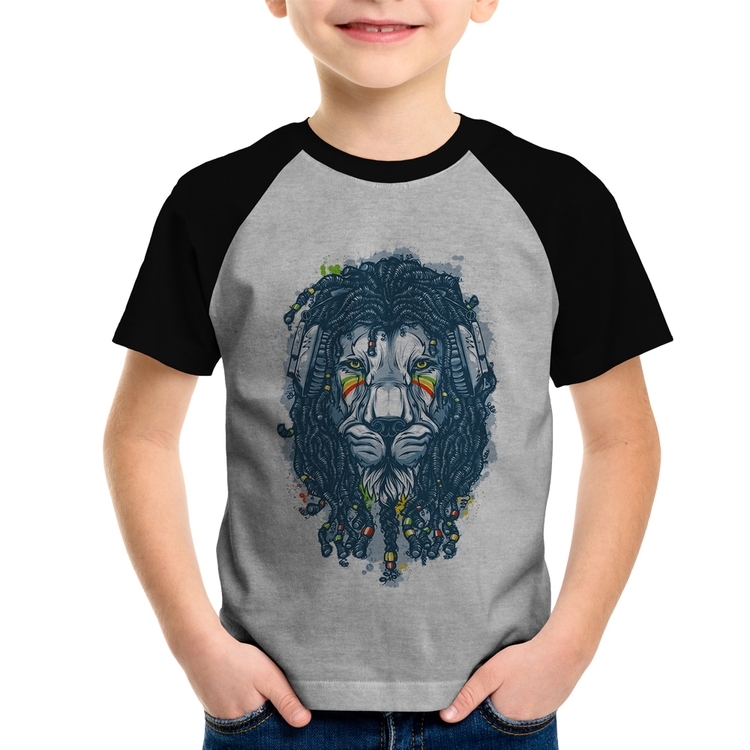 Camiseta Raglan Infantil Leão Reggae - Cinza/Preto