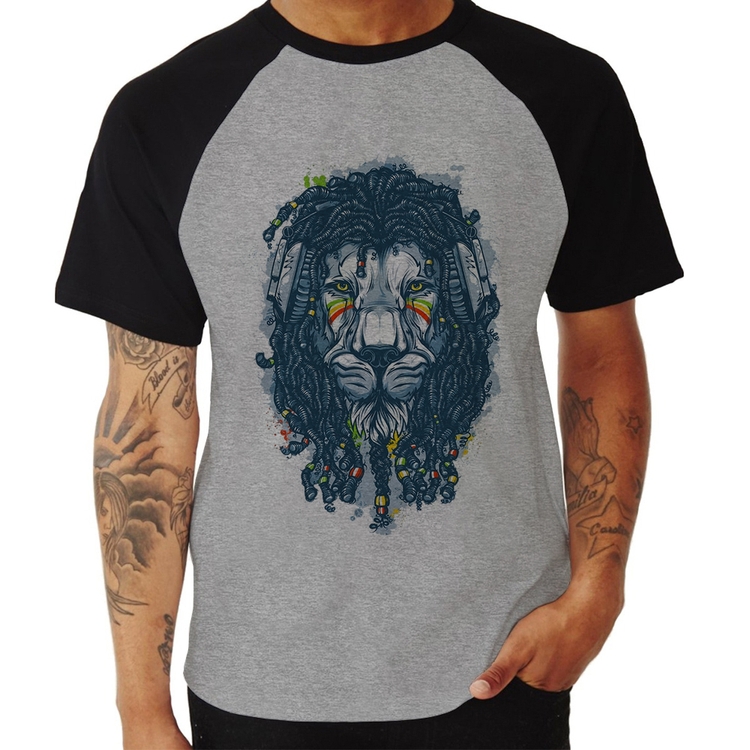 Camiseta Raglan Leão Reggae - Cinza/Preto