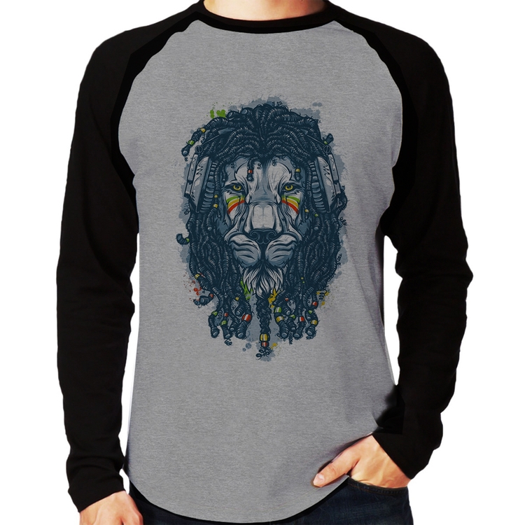 Camiseta Raglan Leão Reggae Manga Longa - Cinza/Preto