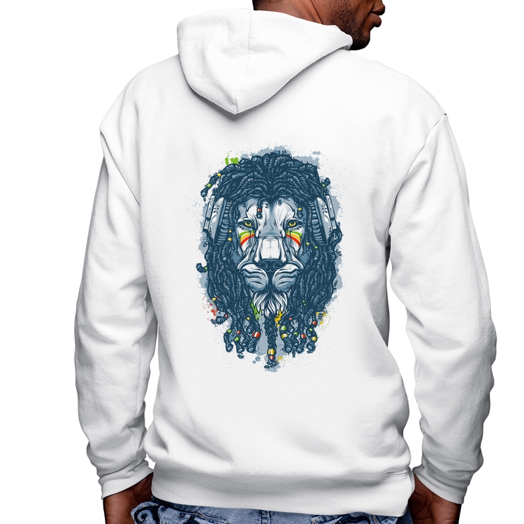 Blusa Moletom Leão Reggae Masculina com Capuz e Zíper - Branca