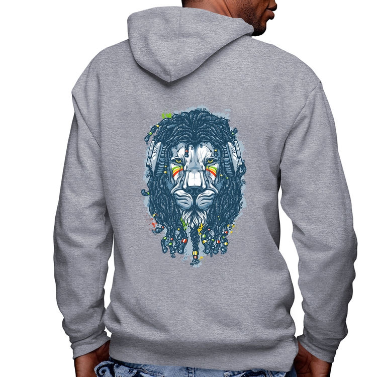 Blusa Moletom Leão Reggae Masculina com Capuz e Zíper - Mescla