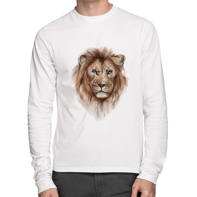 Camiseta Algodão Leão Watercolor Manga Longa - Branca