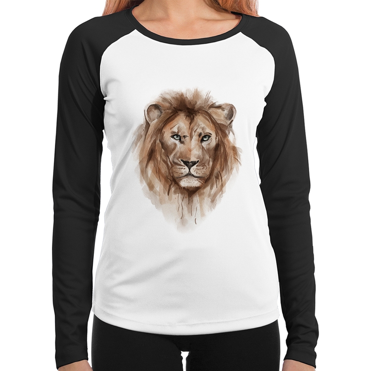 Baby Look Raglan Leão Watercolor Manga Longa