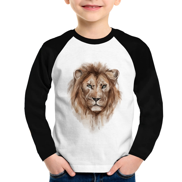 Camiseta Raglan Infantil Leão Watercolor Manga Longa