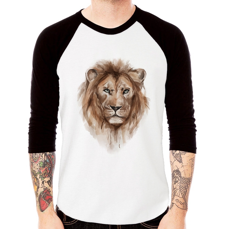 Camiseta Raglan Leão Watercolor Manga 3/4