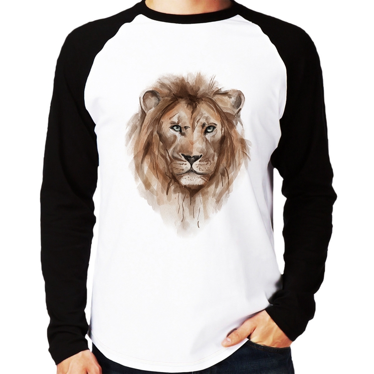 Camiseta Raglan Leão Watercolor Manga Longa
