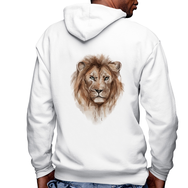 Blusa Moletom Leão Watercolor Masculina com Capuz e Zíper - Branca