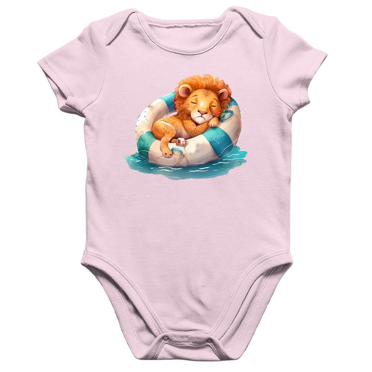 Body Bebê Algodão Leãozinho Relaxando Na Piscina - Rosa Bebê