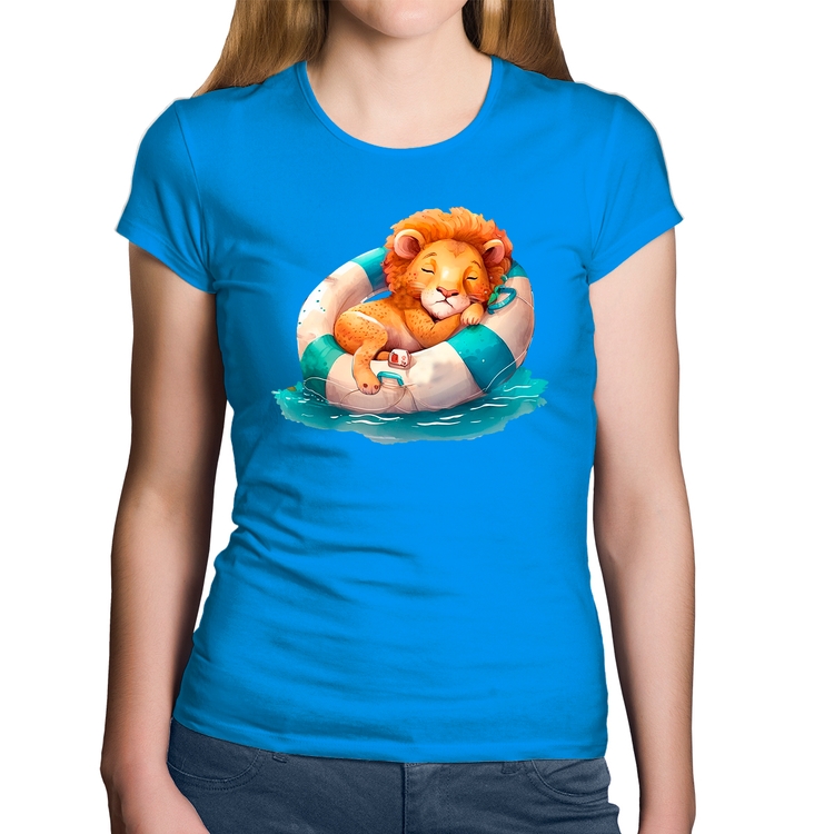 Baby Look Algodão Leãozinho Relaxando Na Piscina - Azul