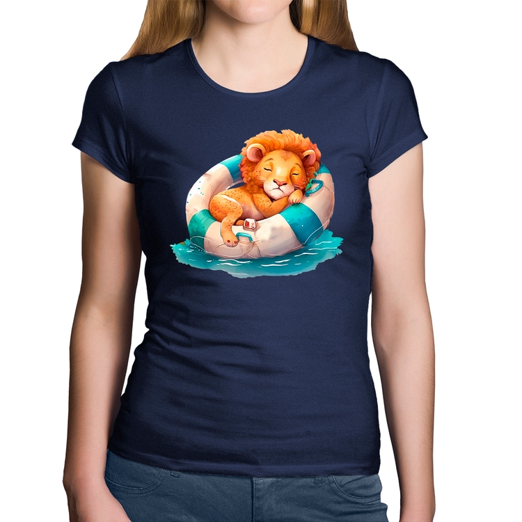 Baby Look Algodão Leãozinho Relaxando Na Piscina - Marinho