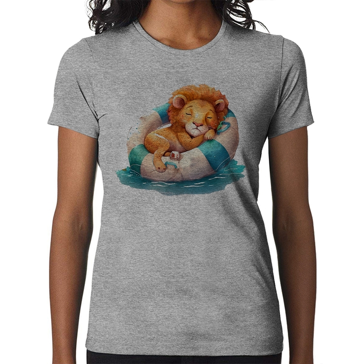 Baby Look Leãozinho Relaxando Na Piscina - Cinza