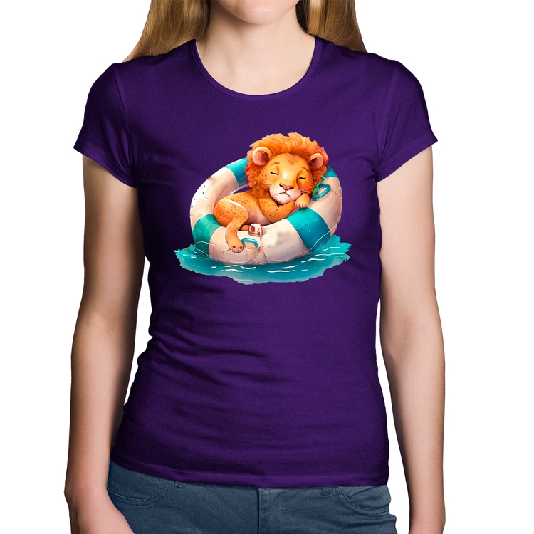 Baby Look Algodão Leãozinho Relaxando Na Piscina - Roxa