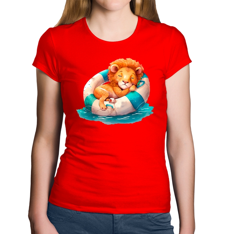 Baby Look Algodão Leãozinho Relaxando Na Piscina - Vermelha