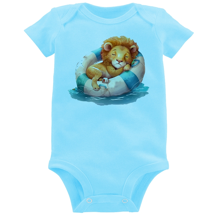 Body Bebê Leãozinho Relaxando Na Piscina - Azul Bebê