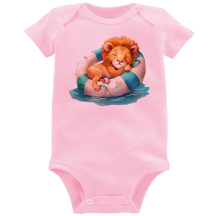Body Bebê Leãozinho Relaxando Na Piscina - Rosa Bebê