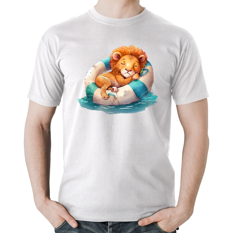 Camiseta Algodão Leãozinho Relaxando Na Piscina - Branca