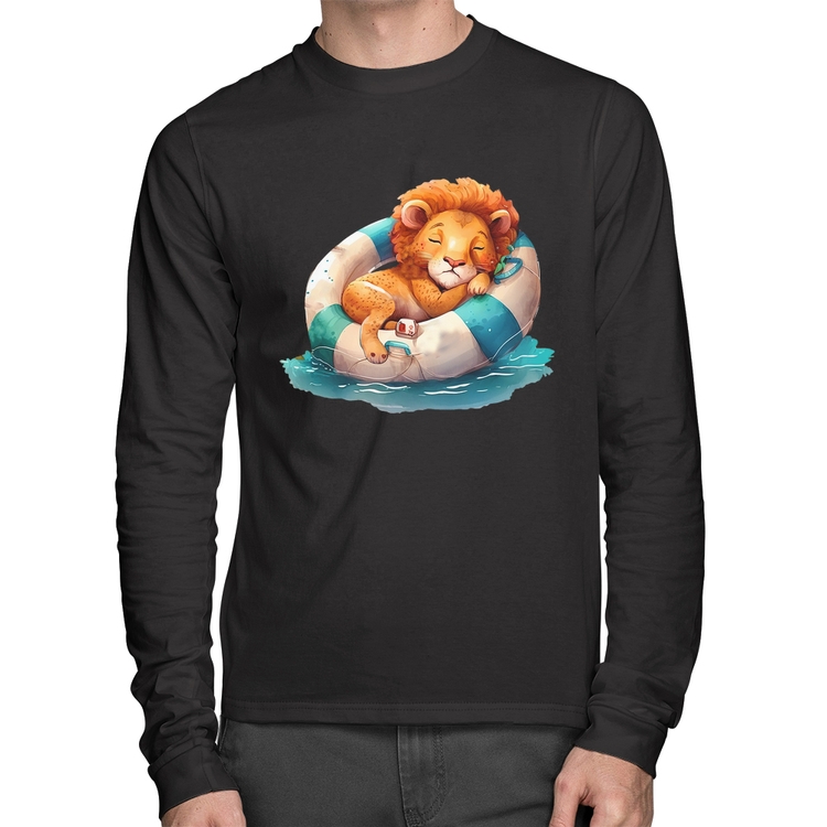 Camiseta Algodão Leãozinho Relaxando Na Piscina Manga Longa