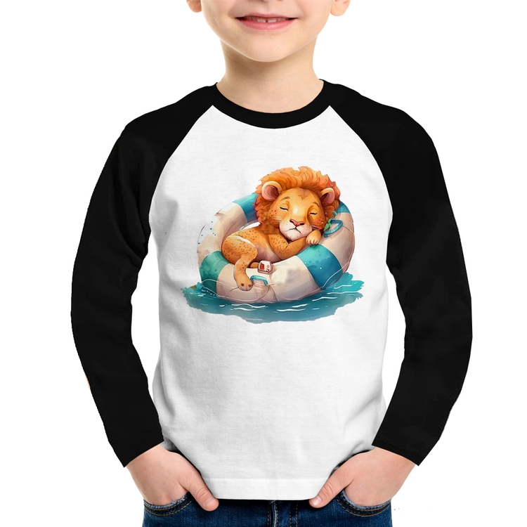 Camiseta Raglan Infantil Leãozinho Relaxando Na Piscina Manga Longa
