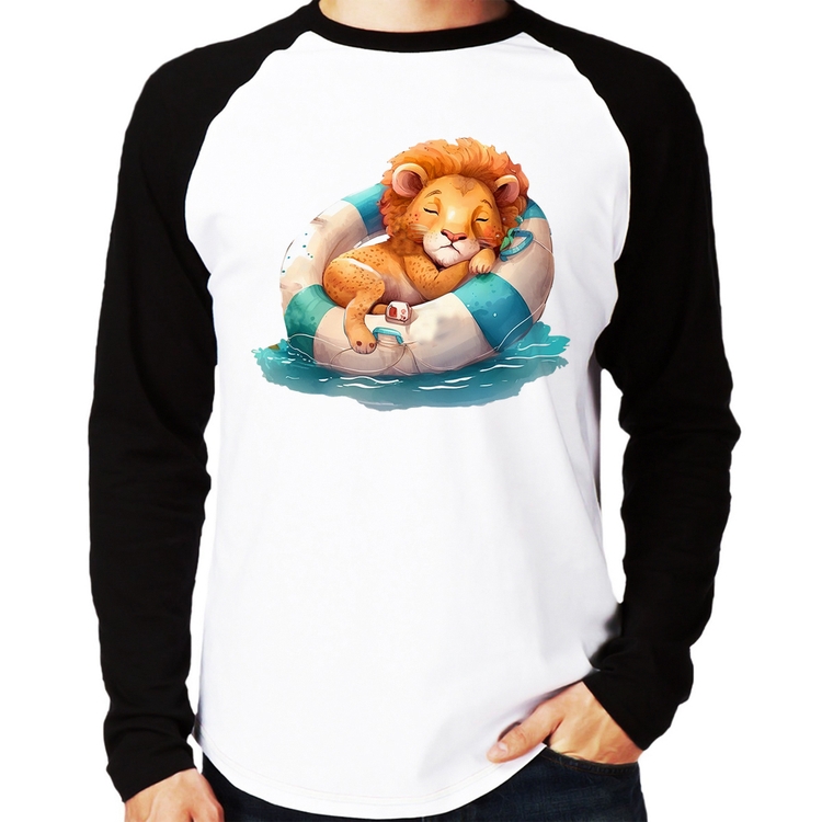 Camiseta Raglan Leãozinho Relaxando Na Piscina Manga Longa