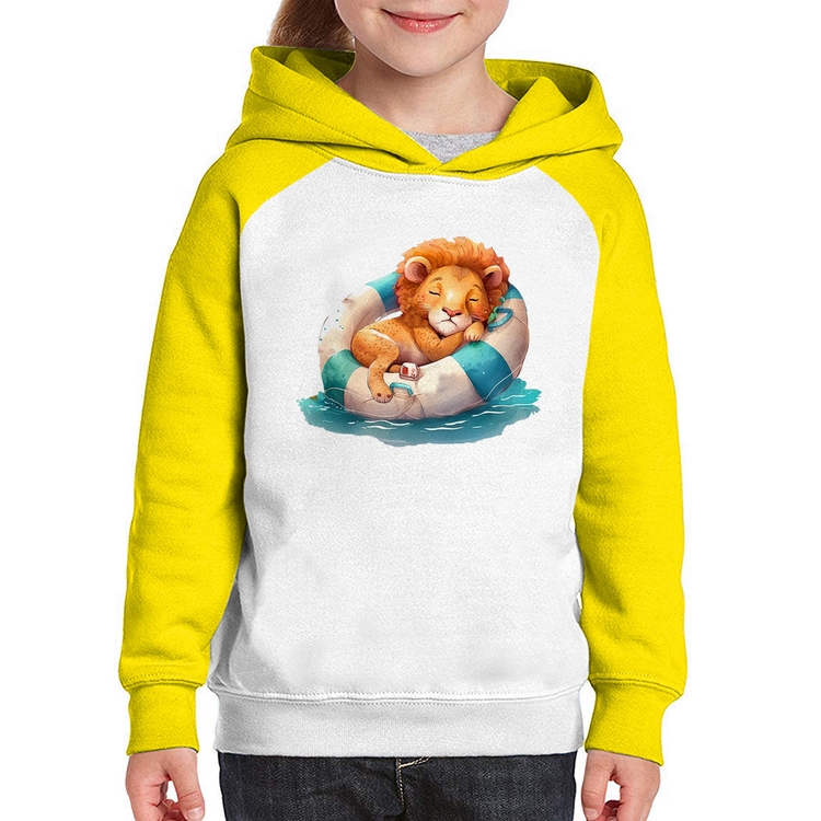 Moletom Infantil Leãozinho Relaxando Na Piscina - Branco/Amarelo
