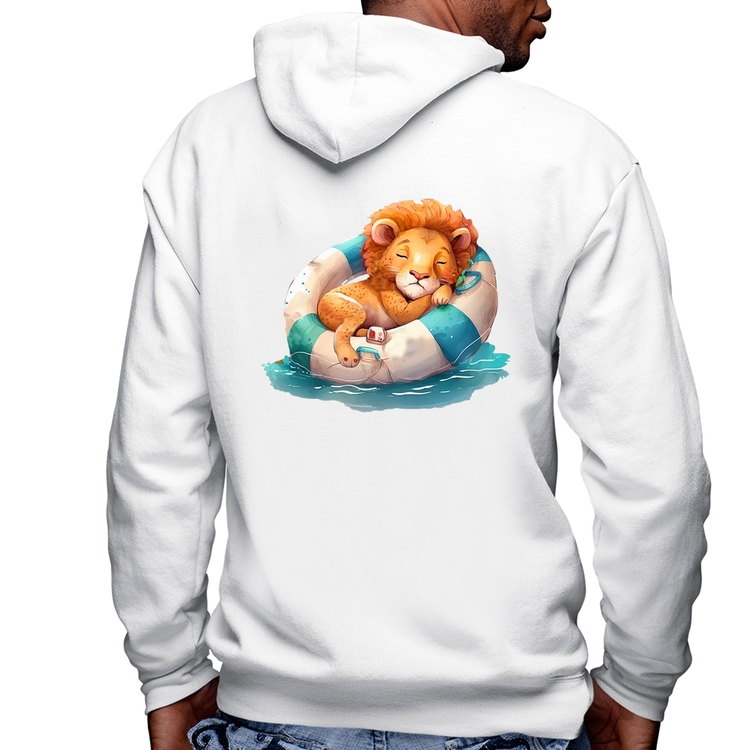 Blusa Moletom Leãozinho Relaxando Na Piscina Masculina com Capuz e Zíper - Branca