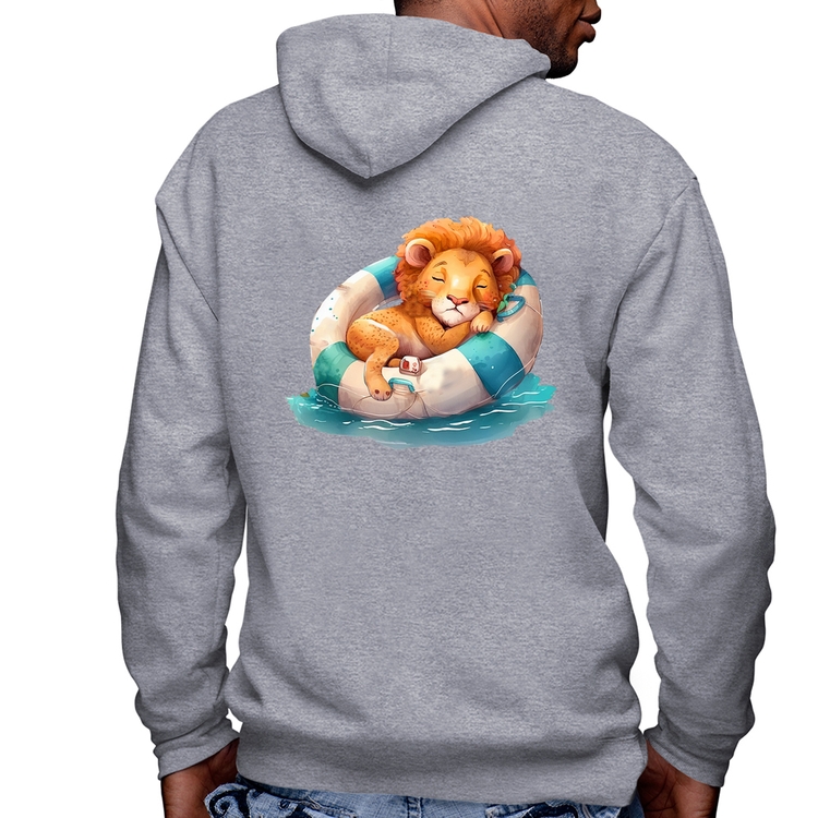 Blusa Moletom Leãozinho Relaxando Na Piscina Masculina com Capuz e Zíper - Mescla