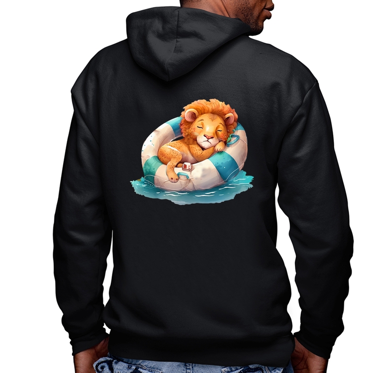 Blusa Moletom Leãozinho Relaxando Na Piscina Masculina com Capuz e Zíper