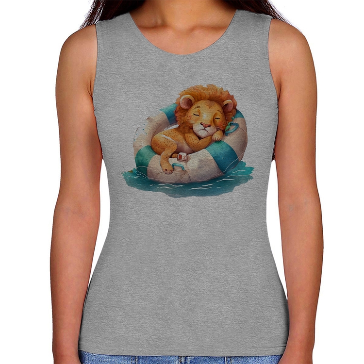 Regata Feminina Leãozinho Relaxando Na Piscina - Cinza