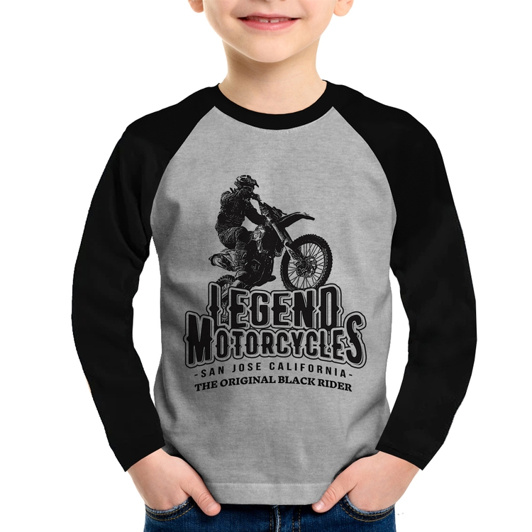 Camiseta Raglan Infantil Legend Motorcycle Manga Longa - Cinza/Preto