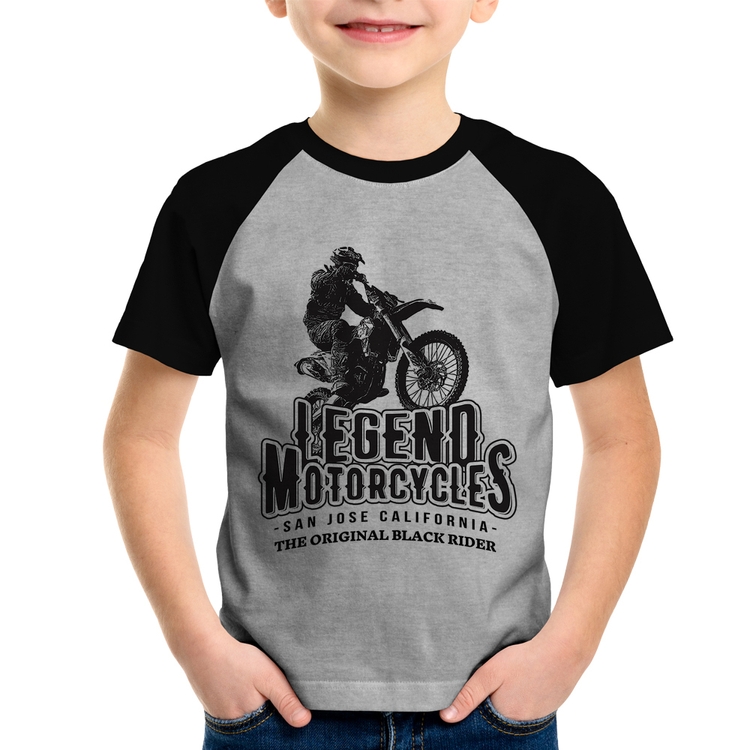 Camiseta Raglan Infantil Legend Motorcycle - Cinza/Preto