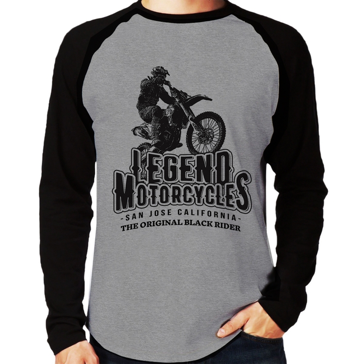 Camiseta Raglan Legend Motorcycle Manga Longa - Cinza/Preto