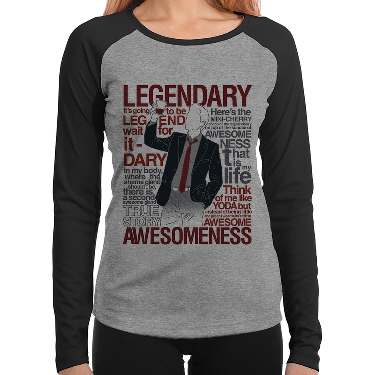 Baby Look Raglan Legendary Awesomeness Manga Longa - Cinza/Preto