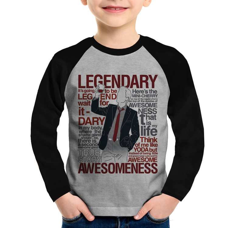 Camiseta Raglan Infantil Legendary Awesomeness Manga Longa - Cinza/Preto