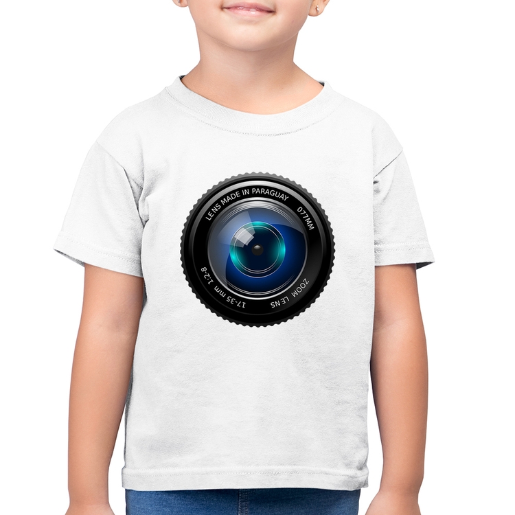 Camiseta Algodão Infantil Lente Câmera - Branca