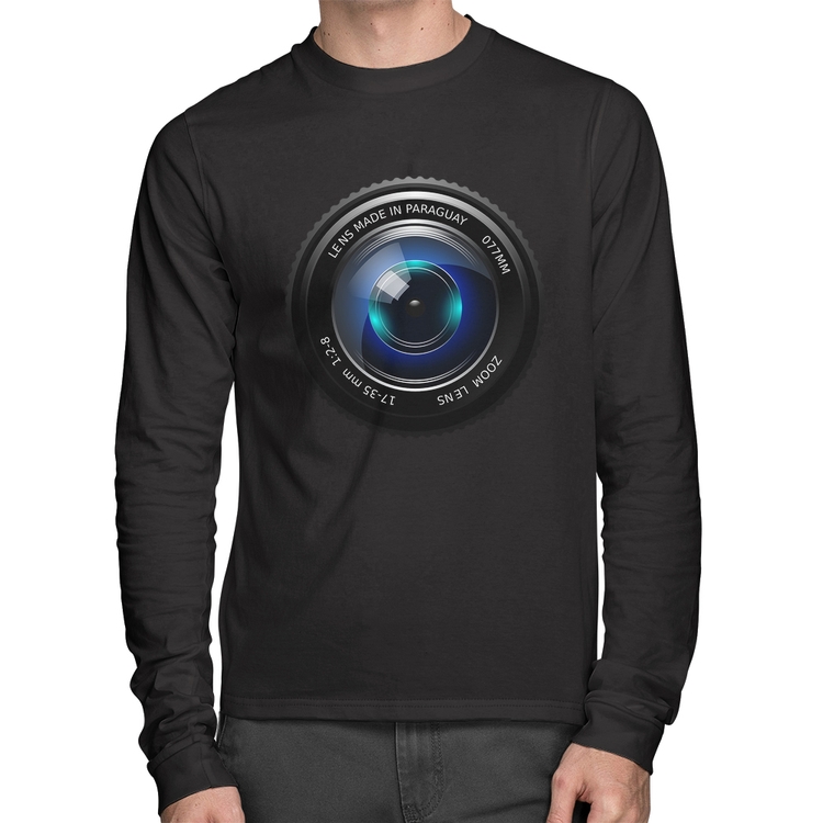 Camiseta Algodão Lente Câmera Manga Longa