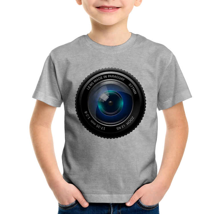 Camiseta Infantil Lente Câmera - Cinza