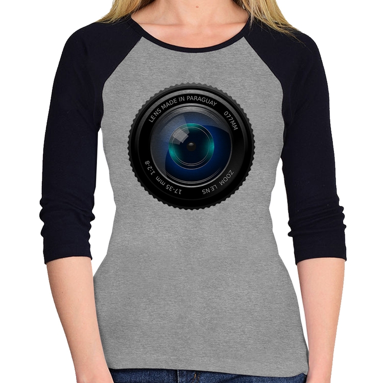 Baby Look Raglan Lente Câmera Manga 3/4 - Cinza/Preto