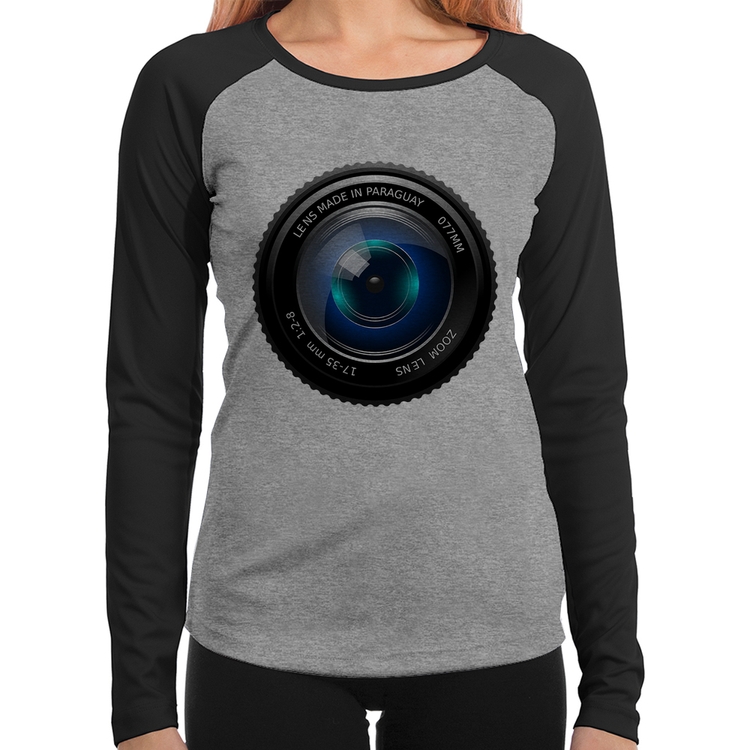 Baby Look Raglan Lente Câmera Manga Longa - Cinza/Preto