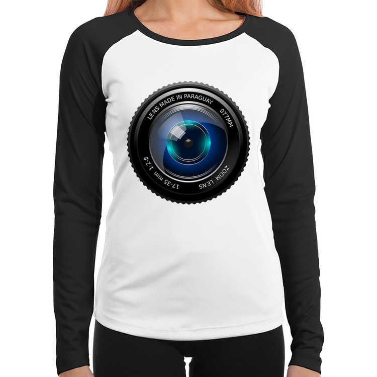 Baby Look Raglan Lente Câmera Manga Longa