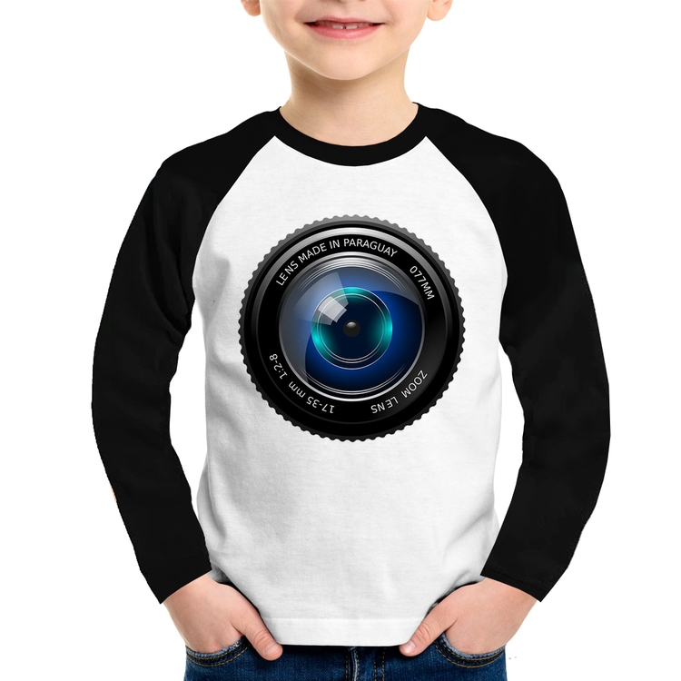 Camiseta Raglan Infantil Lente Câmera Manga Longa