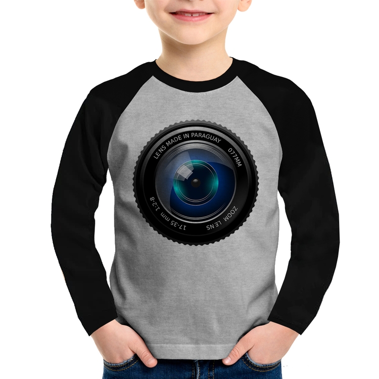 Camiseta Raglan Infantil Lente Câmera Manga Longa - Cinza/Preto