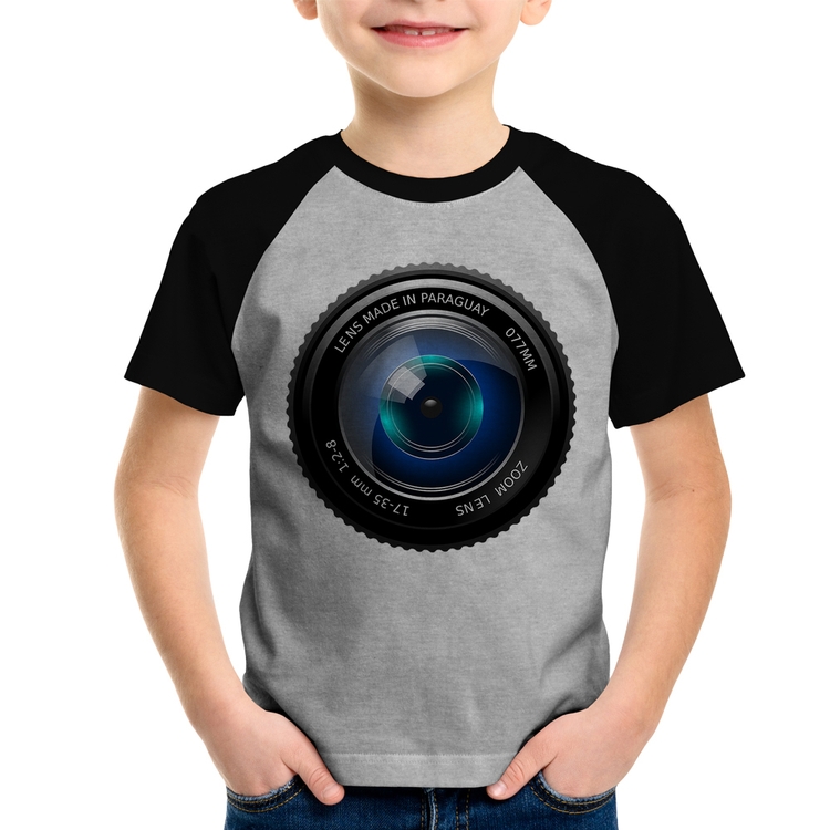 Camiseta Raglan Infantil Lente Câmera - Cinza/Preto