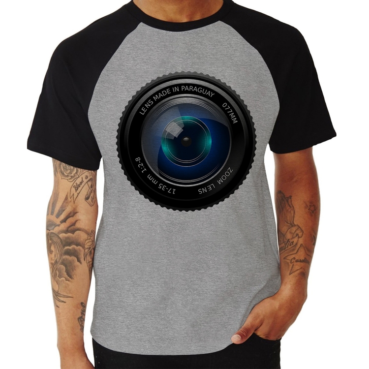Camiseta Raglan Lente Câmera - Cinza/Preto