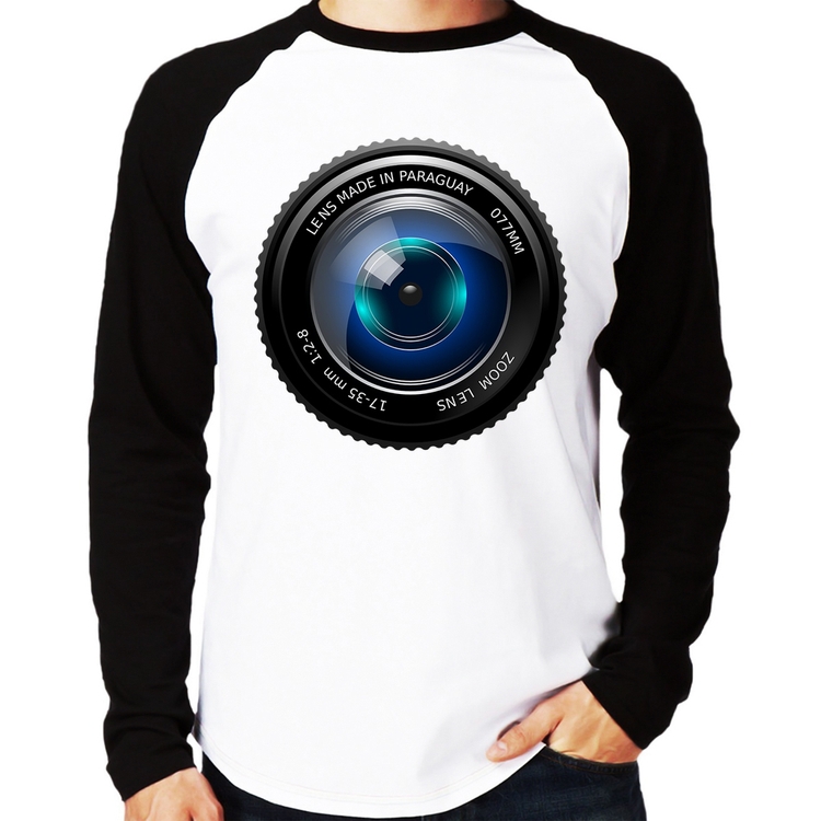 Camiseta Raglan Lente Câmera Manga Longa